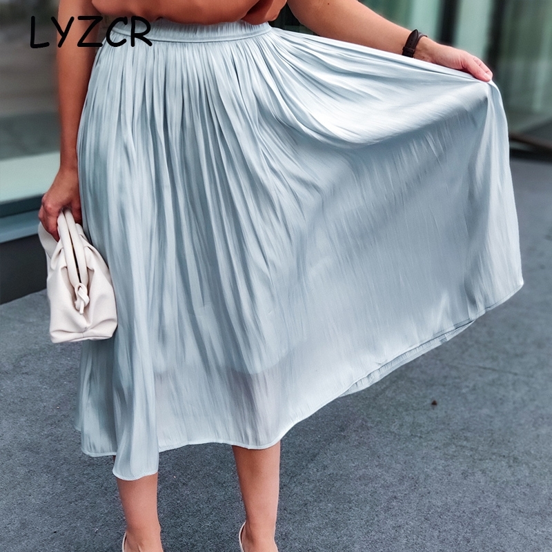 

Stain Summer Maxi Satin Silk Skirt For Women Elegant High-Waisted Skirts Pleated Midi Jupe Longue Y200326, Beige