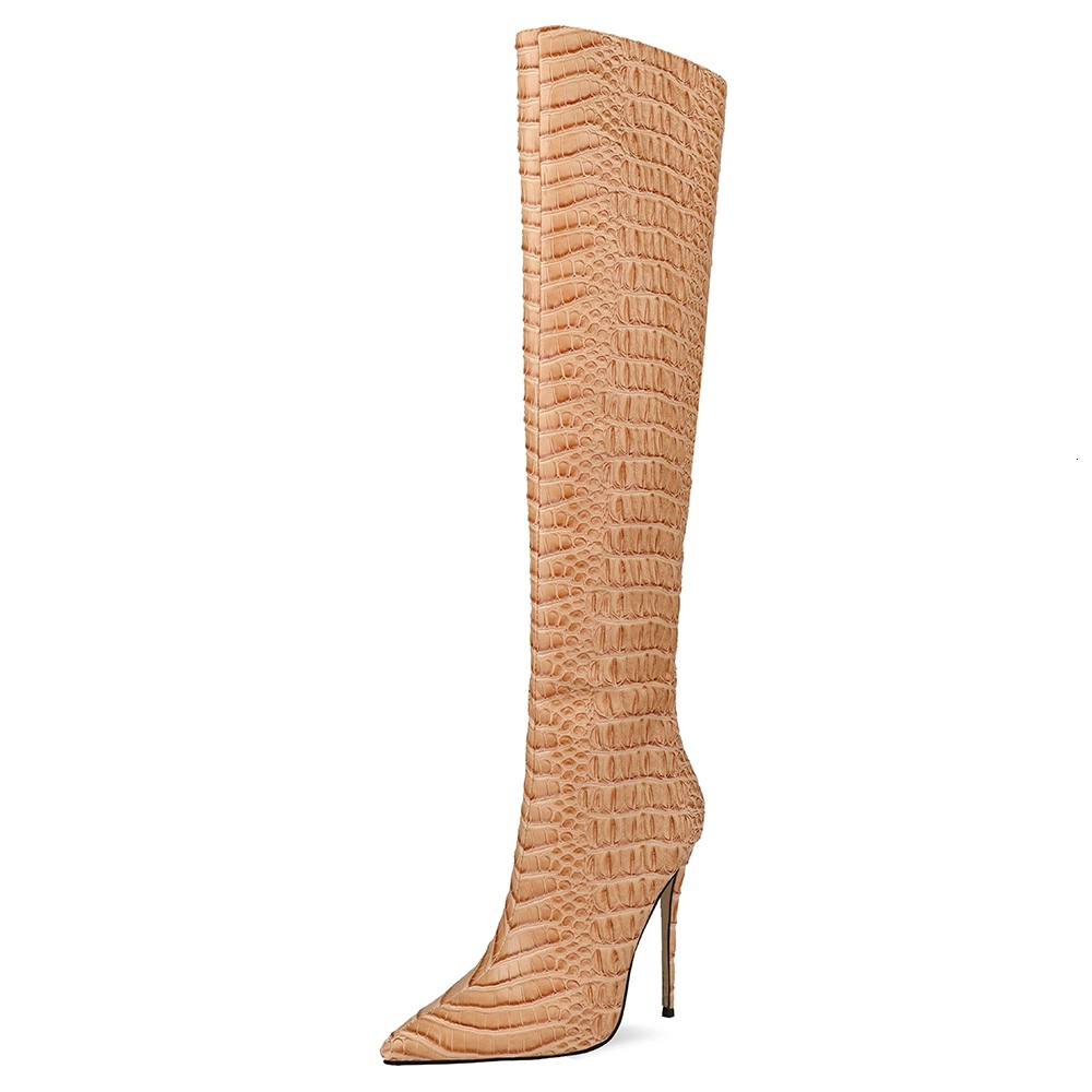 

2021 Woman High-legged High-handed Special-handed Crocodile Tissue Heels Online Long Boots Women's Shoes BWJQ, Apricot-10cm