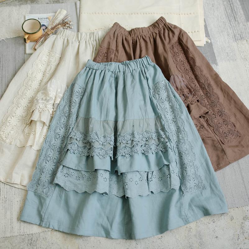 

new spring 2021 female lace cotton elastic waist skirt mori girl 5565, Beige