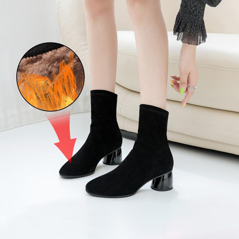 

Plus Size 34-43 Fashion Boots Spring Autumn Sock Boots Ladies Square High Heels Shoes Woman Mid Calf Botines Mujer Slip on Bota, Beige