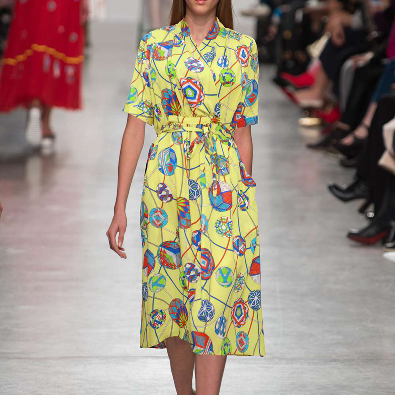 

Sexy V-neck Boho Printing Flowers Short Sleeve Swallowtail Cord Dress Fine Women Spring and Summer New High Quality 6h0y, Yellow