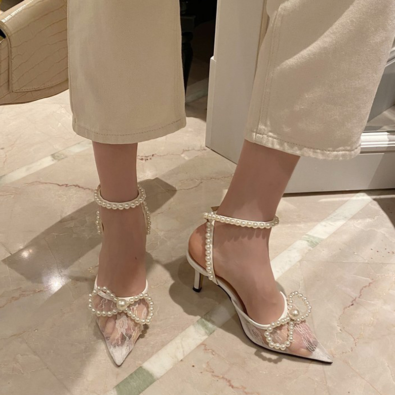 

Summer Sweet 2021 Woman Pearl Seven Inches High White Designer Butterfly Heels We Crochet Sandals Cinderella Wedding Shoes Kbfx, Pure white