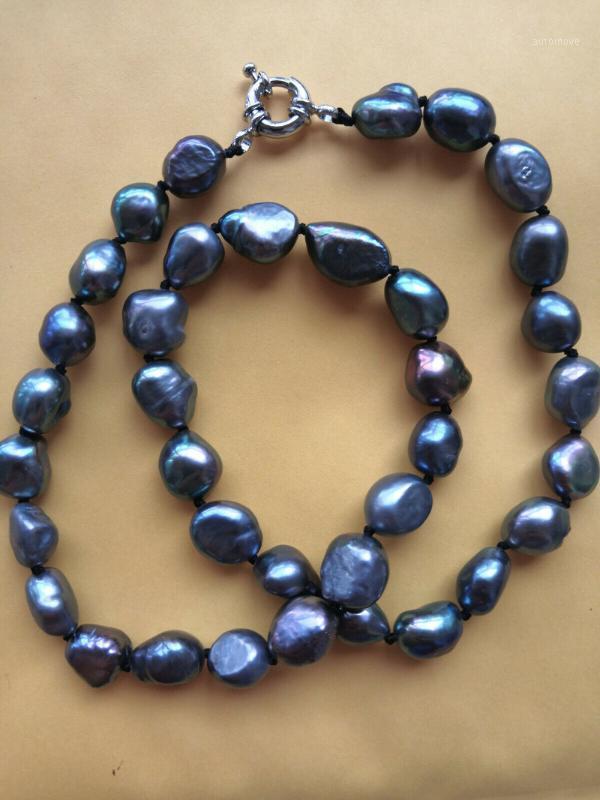 

Natural 10-12mm Black Blue Baroque Tahitian Pearl Necklace 18"1