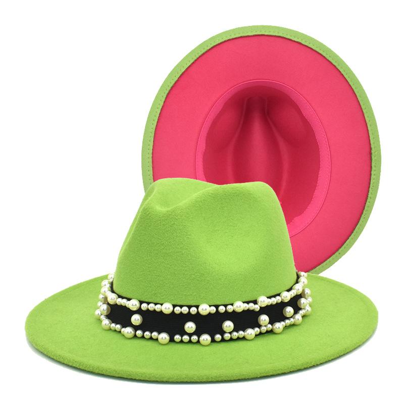 

New Women Pink Lime Green Patchwork Wool Felt Fedoras Trilby Top Hat Pearl Ribbon Wide Brim Formal Party Panama Jazz Caps, Sm-sm-10
