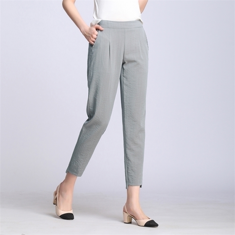

New Women Casual Harajuku Spring Summer Plus Size Trousers Solid Elastic Waist Cotton Linen Pants Ankle Length Harem Pants 201228, Gray