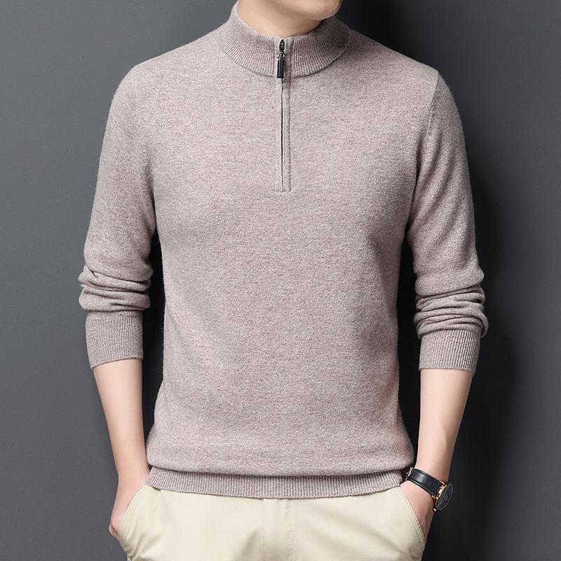 

100% Cashmere Pullovers Sweaters 2020 Full Sleeves Zipper Turtleneck Auturm Winter Men Warm Knitted Pure Wool Sweater, Black