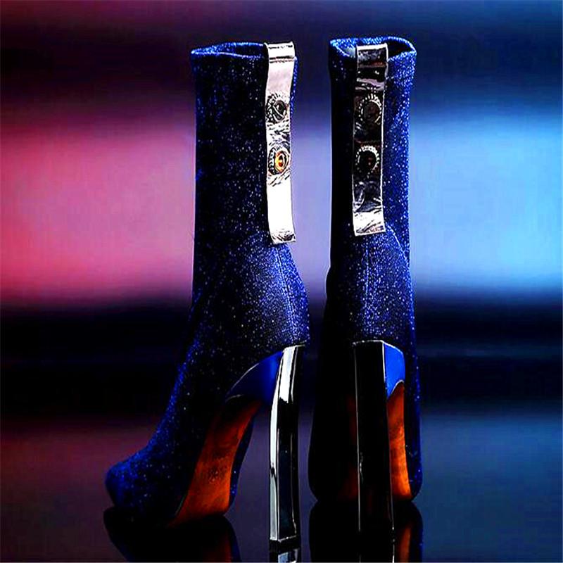 

Autumn and winter new tube with thin and thin boots female boots sequins elastic pointed super high heel, Black