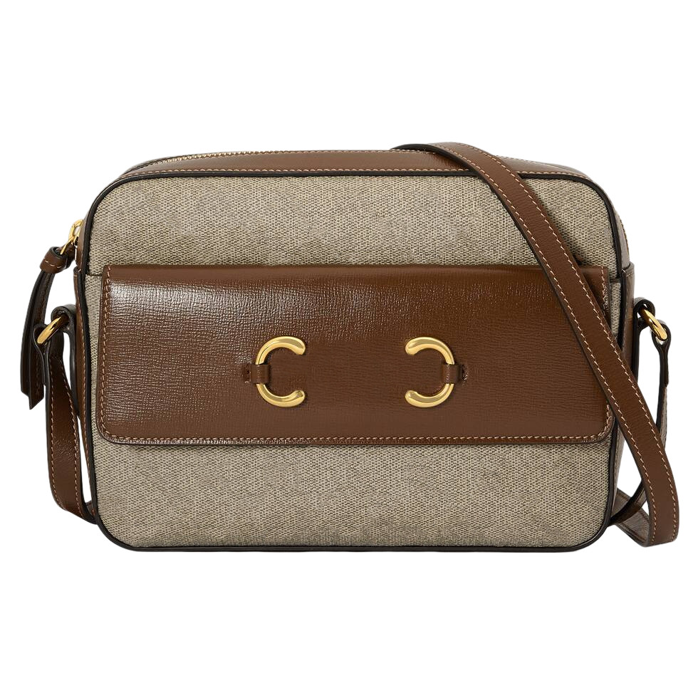

Classic 1955 Unisex Crossbody Shoulder bag Gold saddle buckle designer Camera bags Genuine leather Wallet Zipper opening, Brown