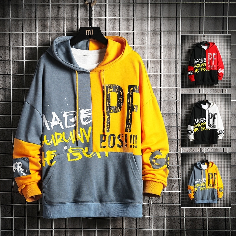 

Hoodies Men Hooded Plus size color block Sweatshirts Mens Patchwork Korean Style Trendy Students Pullovers 201114, Yellow