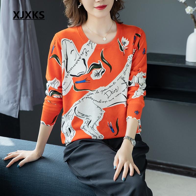 

XJXKS Pullover Women Vintage Wool Knitted Long Sleeve Women Sweaters And Pullovers High Quality Print Sweater, Black