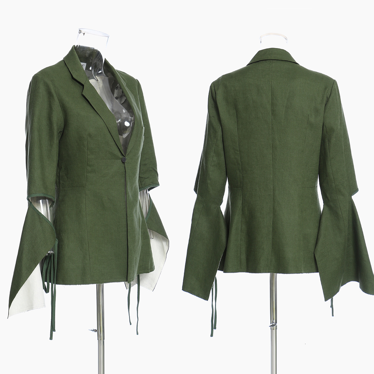 

New Personality Designer Female Blazers Cotton Flax High Street Suit Slices Split Extension Sleeves Outerwear Lady Coats Clothes Shwu, Green