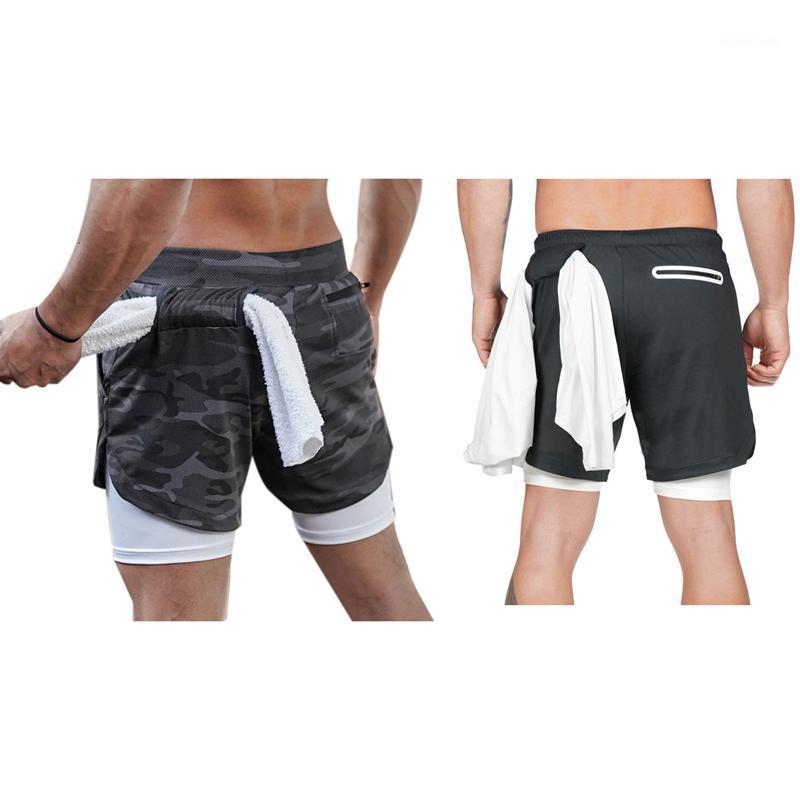 

2 Pcs 2 in 1 Running Shorts Quick-Drying Sports Pants Gym Bodybuilding Built-in Pocket Shorts Camouflage XL & Black XL1, As shown