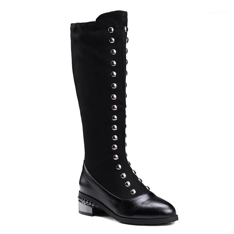 

Shoes Women Winter Women Leather Zipper Square Heel High Boots Knee-High Shoes Round Toe Boots1, Black