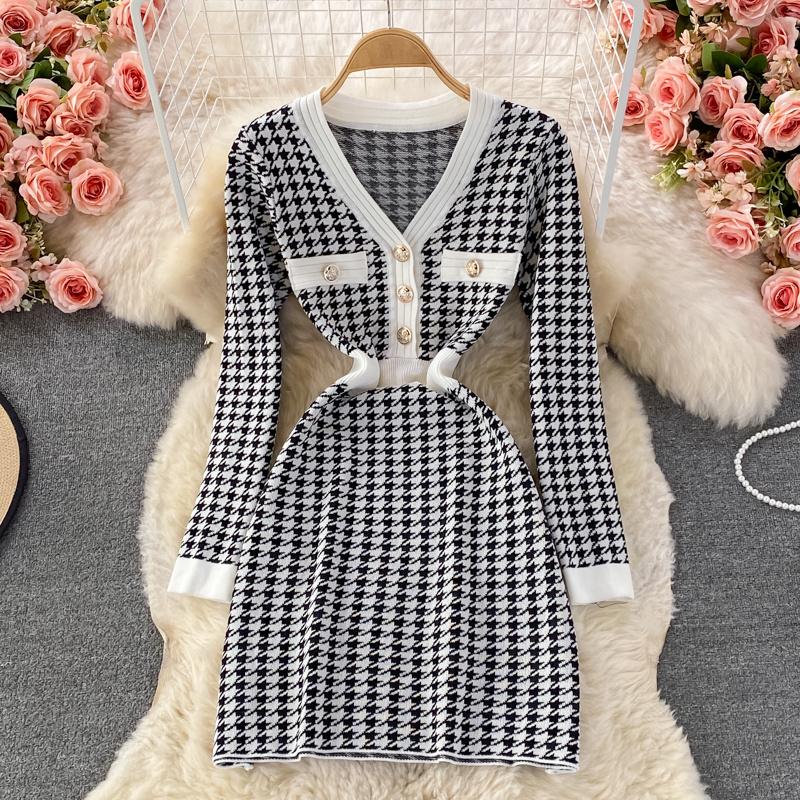 

Casual Dresses Fall Winter Houndstooth Knitted Sweater Dress Women Vintage Long Sleeve Slim Mini Bodycon Korean Fashion Robe Femme, Black