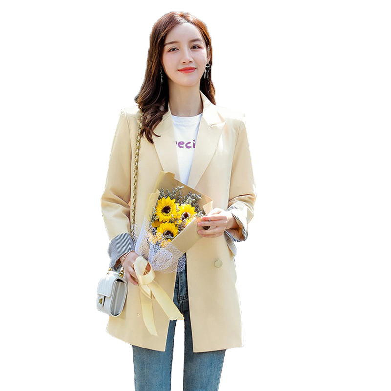

Feminine Spring 2021 New Korean Loose Casual Woman Suit Mid-length Double Breasted Sleeve Long Blazer R83 Kirg, Black