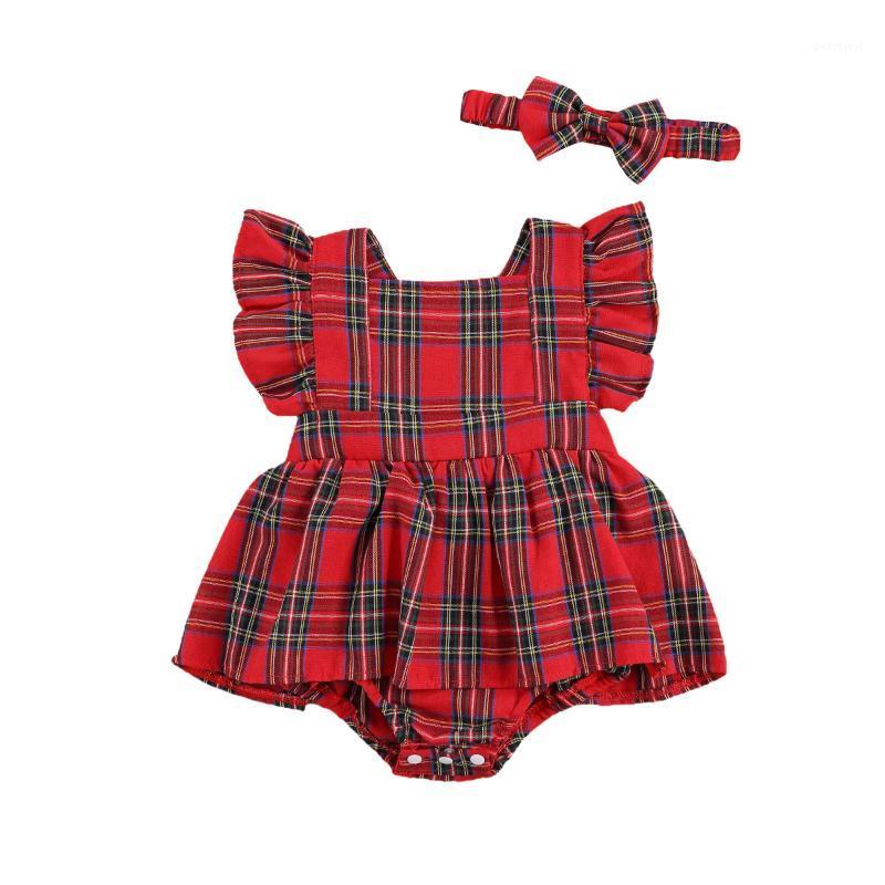 

Emmababy 2020 Christmas Infant Baby Girls 2Pcs Set Red Plaid Dress-style Square Collar Ruffled Short Sleeve Bodysuit+Headband1, As pic