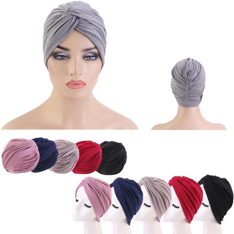 

Casual Women's Pure Color Ethnic Hats Elegant Muslim Ladies Turban Caps Cross Twist Caps Beanie Folds Chemo Headwear, Gray