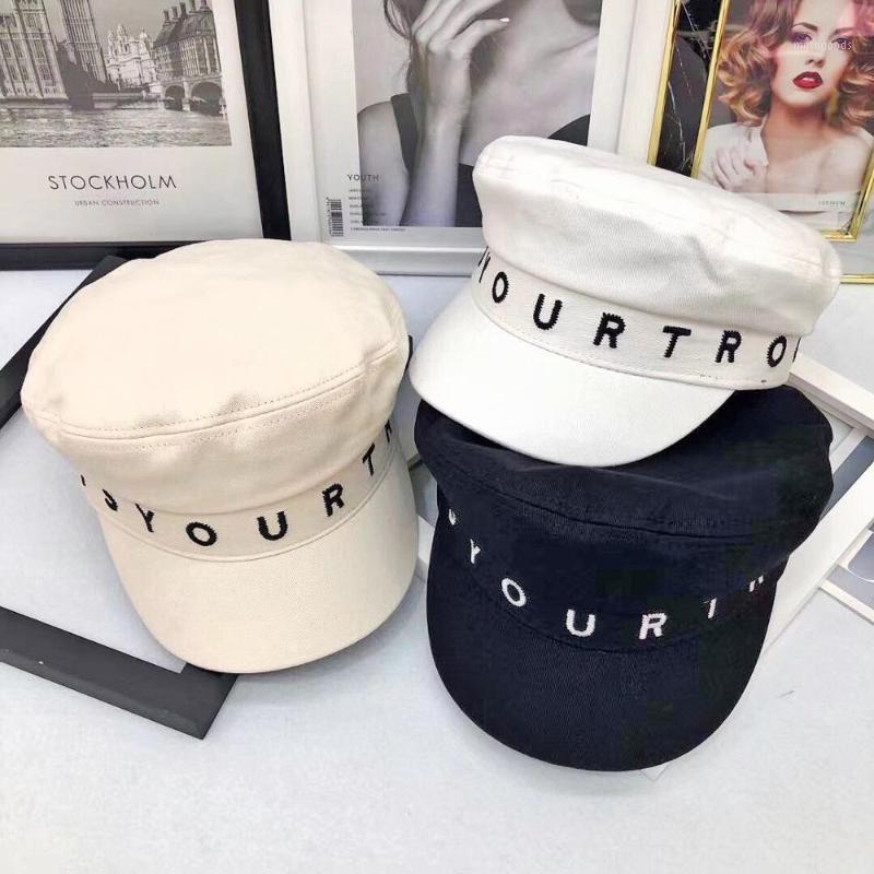 

Woman British Letters Embroidery Beret Fall Winter Captain Cap Newsboy Hats Painter Flat Top Octagonal Hat 20201, White