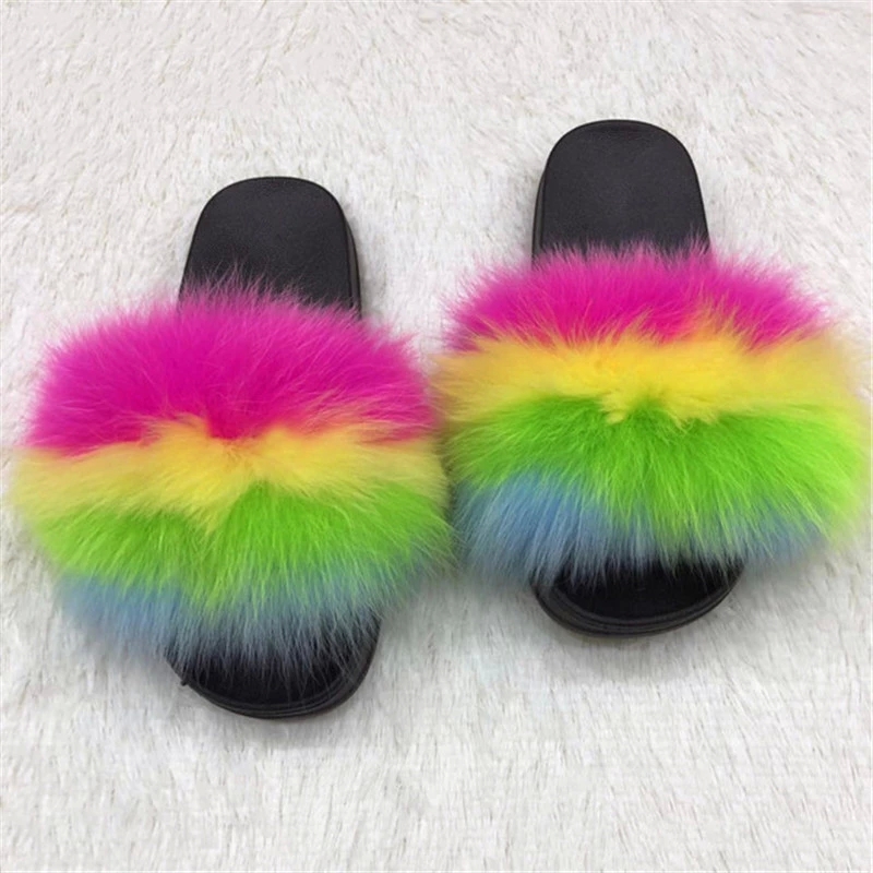 

Women's Winter Fox Fur Slides Indoor Warm Plush Slippers Woman Fur Sandals Outside Lovely Fluffy Shoes Ladies Flip Flops #p57O, Beige