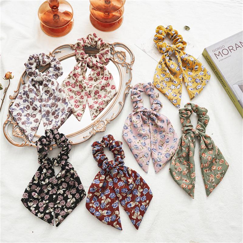 

Women Floral Print Bow Knotted Hair Rope Streamer Scrunchies Fashion Elastic Hair Scarf Rings Accessories Headwear