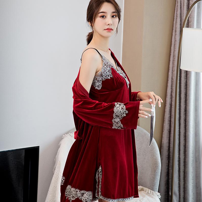 

Gold Velvet Robe Gown Set Fashion Female Winter Autumn Sexy Lace Trim Velour Sling Women Sleepwear Bathrobe Nightdress, 50 navy blue