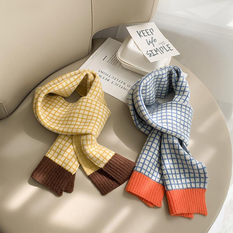 

2020 Korean ins style color small grid color matching children's knitting scarf winter boys and girls outdoor warm wool scarf