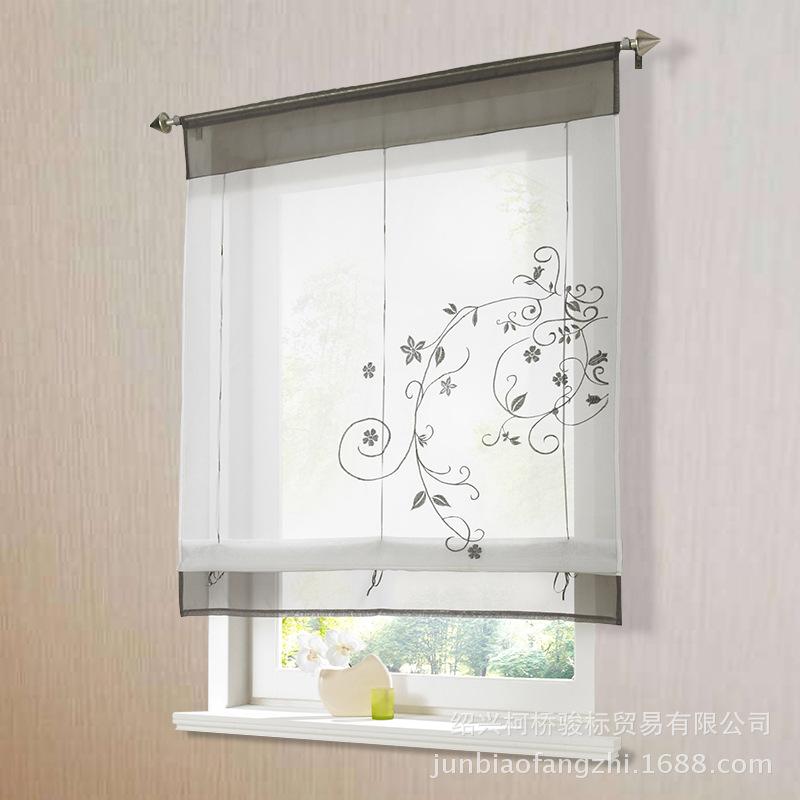 

European Roman Curtain Embroidered Rustic Curtain Blinds for Kitchen Height Liftable Gauze Small Coffee Short Tulle Voile, Color1