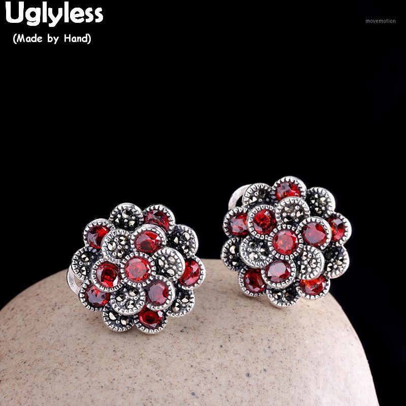 

Uglyless Blooming Flower Garnet Earrings for Women Vintage Ethnic Marcasite Stud Earrings Real 925 Silver Brincos Jewelry E15401