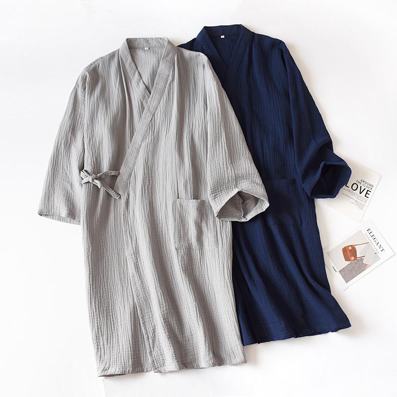 

Autumn 100% Cotton Crepe Robes Women Thin Japanese Kimono Bathrobe Solid Half Pijamas Sleep Tops Loose and Soft Dressing Gown, Men navy