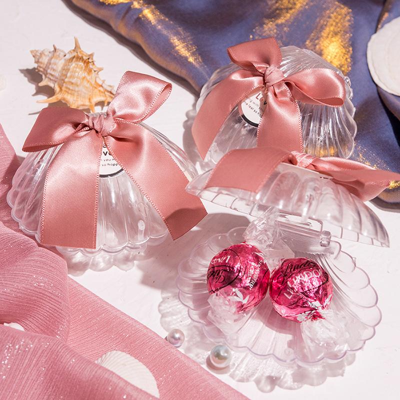 

8pcs Shells Shape Candy Box With Ribbon Wedding Favor Gift Box Baby Shower Party Chocolate Packaging Ring Boxes Wedding Decor
