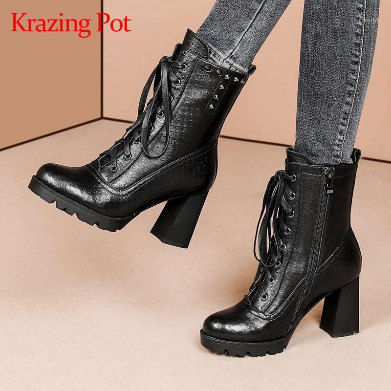 

Krazing Pot limited customization sheep leather round toe high heel mature lady elegant classic colors winter mid-calf boots L901, Black