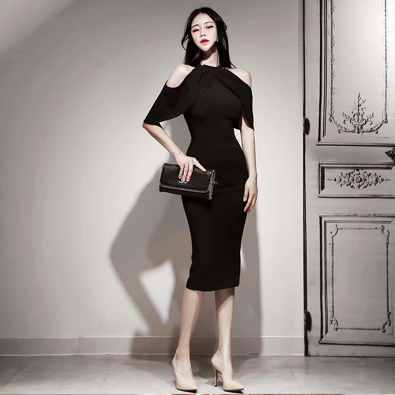 

2021 Spring Women Elegant Black Off Shoulder Ladies Sheath Birthday Party Dresses Short Sleeve Halter Midi Pencil DressVestidos