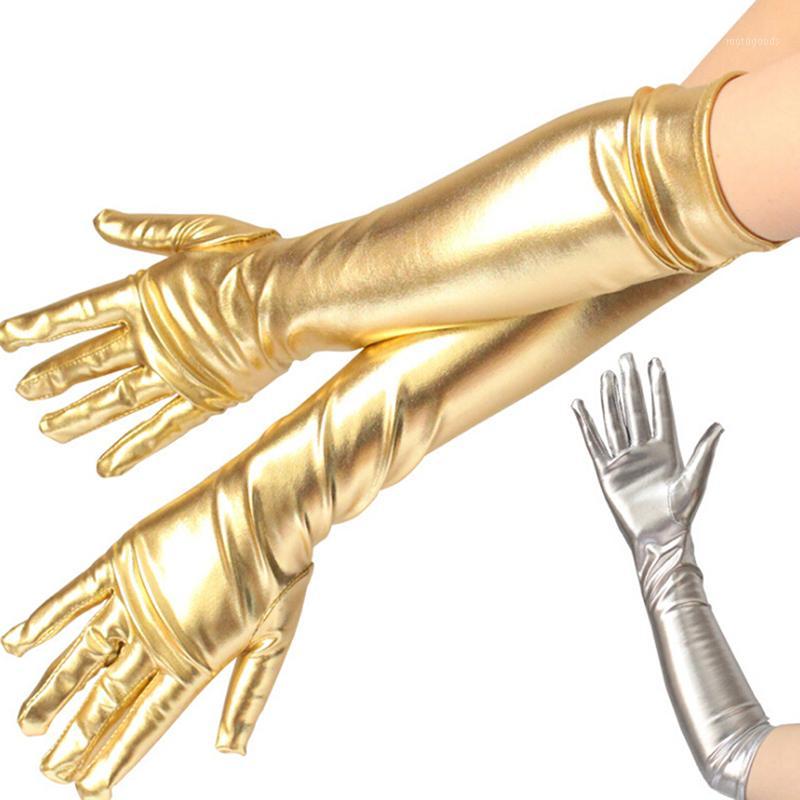 

Women Sexy Elbow Length Long Latex Gloves Evening Party Performance Mittens Gold Silvery Wet Look Fake Leather Metallic Gloves1