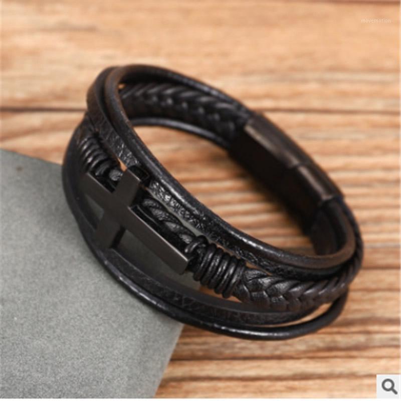 

Cross Style Multi Layer Design Stainless Steel Fashion Men's Leather Bracelet Classic Gift For Men 3 Different Styles Choose1