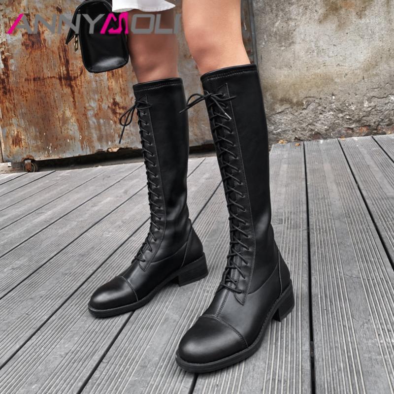 

ANNYMOLI Real Leather Mid Heel Long Boots Women Shoes Round Toe Chunky Heels Lace Up Knee-High Boots Autumn Winter Black Beige1, Black synthetic lin
