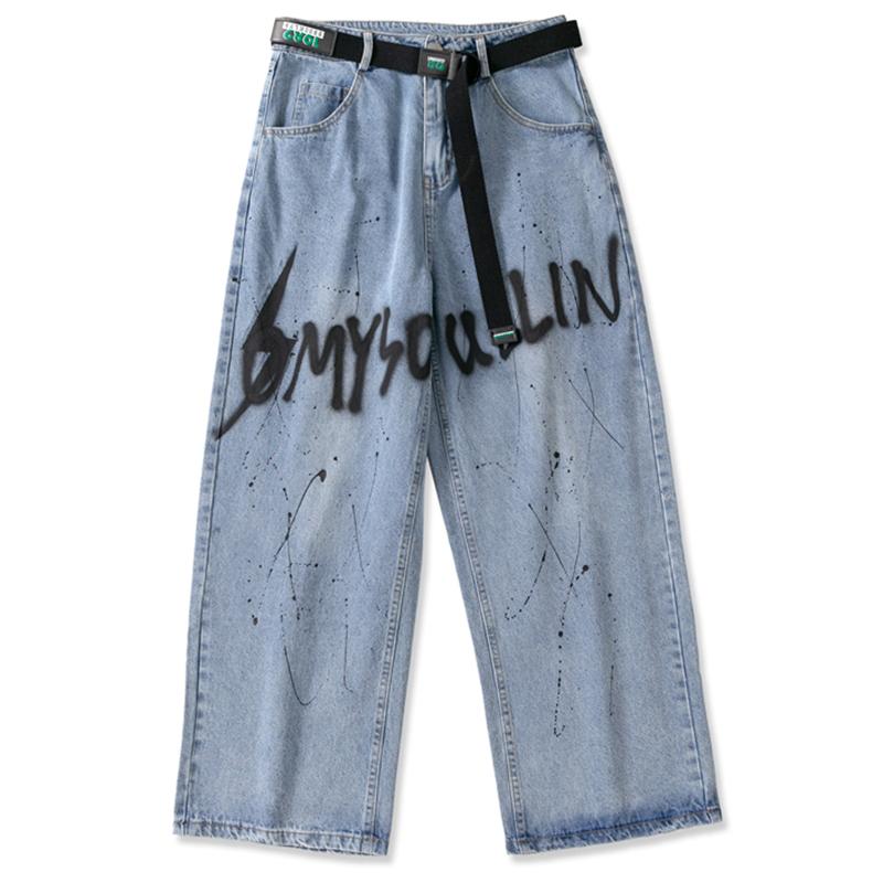 

Blue Biker Jean Letter Print Hip Hop Jeans Men Streetwear Graffiti Ink Belt Casaul Trousers Straight Leg 2021 New Harem Pants