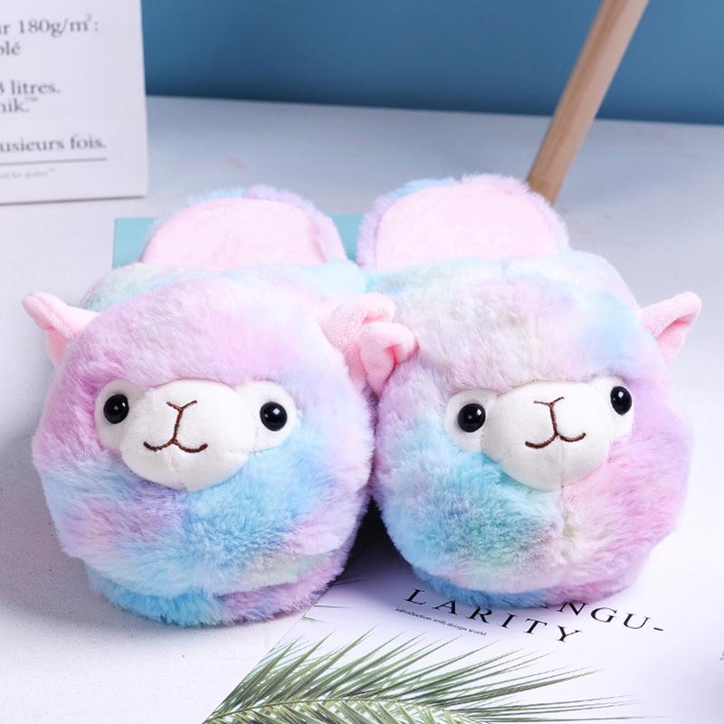 

Cute Home Slippers Women Winter indoor fur Flip Flop Alpaca Pink Brown Alpaca Parent-child Floor Soft Stripe House Shoe girl, Black