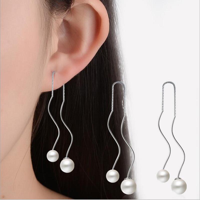 

KOFSAC New Charm 925 Sterling Silver Earring Jewelry Minimalism Wavy Pearl Long Ear Line Earrings For Women Valentine's Day Gift