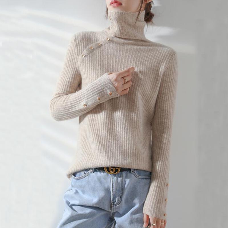 

Turtleneck Cashmere Blend Sweaters Women' Knit Pullovers Sping Autumn Button High Collar Sweater sr905, Black