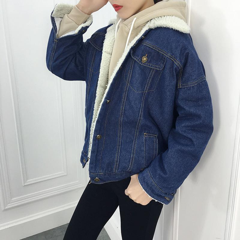 

Fashion Women' Lambskin Denim Casual Vintage Jacket 4 Pocket Long Sleeve Warm Jeans Jacket Wide Denim 2020 Spring and Autumn, Black