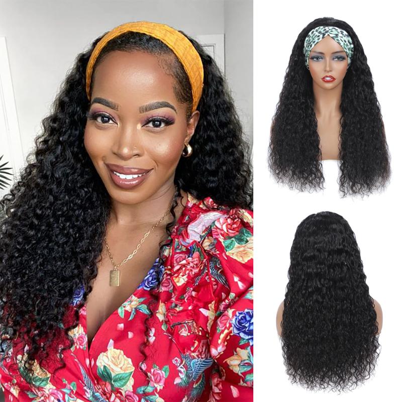 

Water Wave Headband Wig Human Hair Wigs For Black Women Brazilian Scarf Wig No Gel Glueless Remy Curly Human Hair Wigs, Natural color