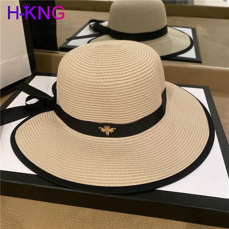 

Sun Hats Small Bee Straw Hat European and American Retro Gold Braided Hat Female Loose Sunscreen Sunshade Flat Cap Visors Hats, Khaki