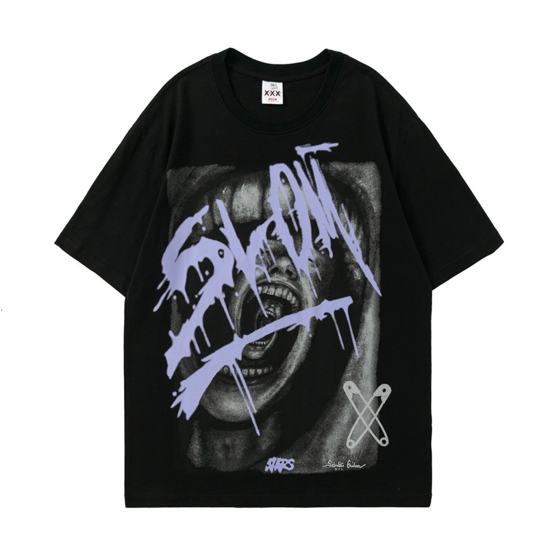 

New High Street Brand Dark Black Loose Print Trend Rap Hip Hop 2021 Spring Summer Tshirt Short Sleeve Tops Tees Cotton 96ww