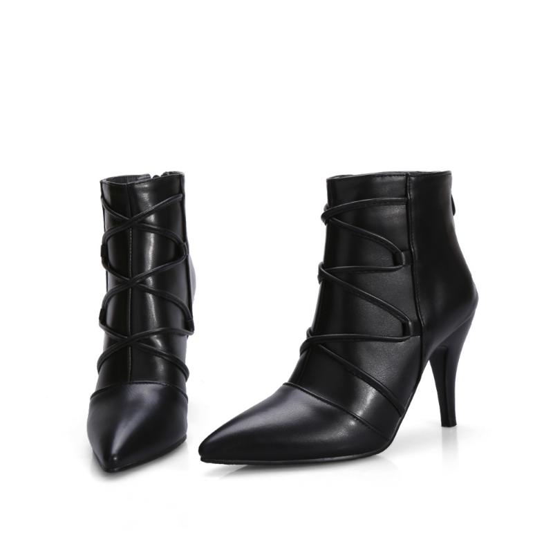 

PQECFS Big size 32-44 high quality spring & autumn fashion women solid sexy pointed toe high heels ankle boots black color
