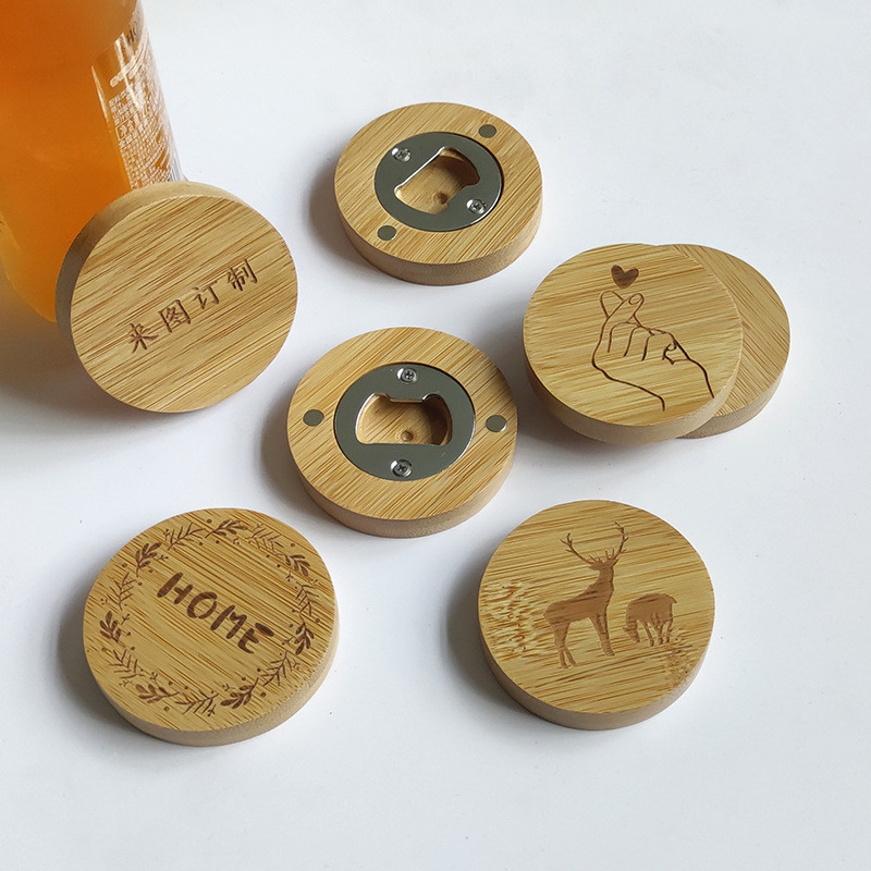 

Blank DIY Bamboo Round Shape Bottle Opener Coaster Fridge Magnet Decoration Beer Bottle Opener Custom Logo LX4628