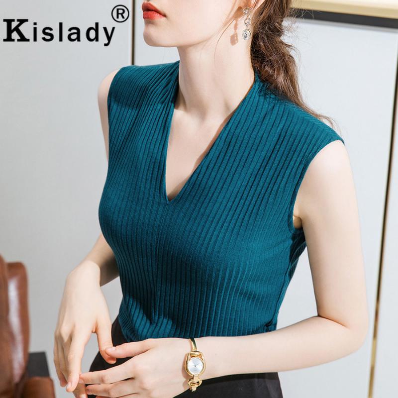 

Kislady Summer Deep V-Neck Sleeveless Gothic Shirts Korean Sexy Harajuku Solid Clothes Elegant Simple Plus Size Women Shirts, Blue