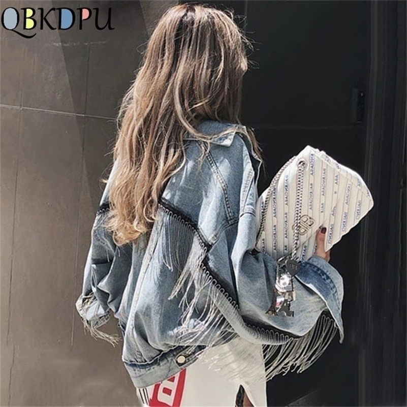 

Women bat sleeve tassel short loose burr denim jacket Female Fashion new boyfrieds outwear Autumn Streetwear jean coat 201112, Blue