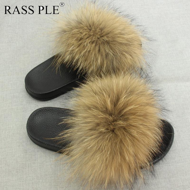 

RASS PLE Plus Size Fur Slippers Winter Autumn Open Toe raccoon Fur Slides Beach Shoes 2018 Women's Furry Slippers For Bedroom1, Color