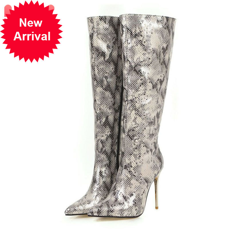 

Top quality plus size 34-48 knee high winter women snake casual zipper high-heeled shoes woman pointed to long boots, Black
