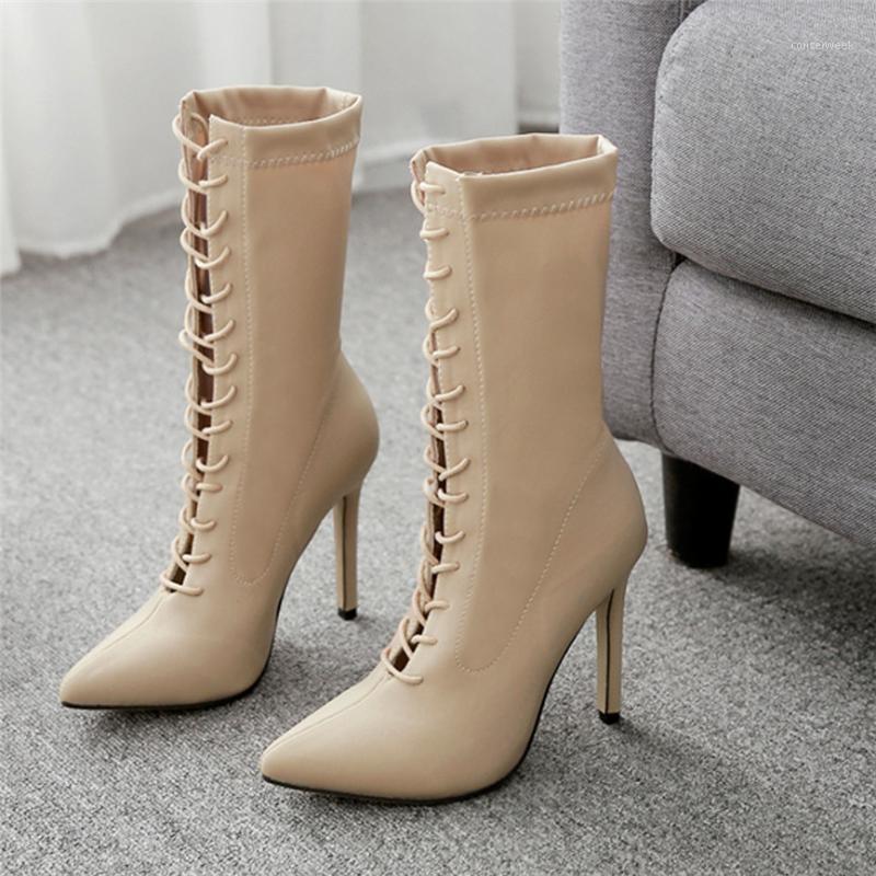 

Cross Strap Stiletto Heel Women's Boots Shoes Womens Pointed Ankle Booties Lace-Up High Heel Shoes High-heeled Simple Boots A11, Beige